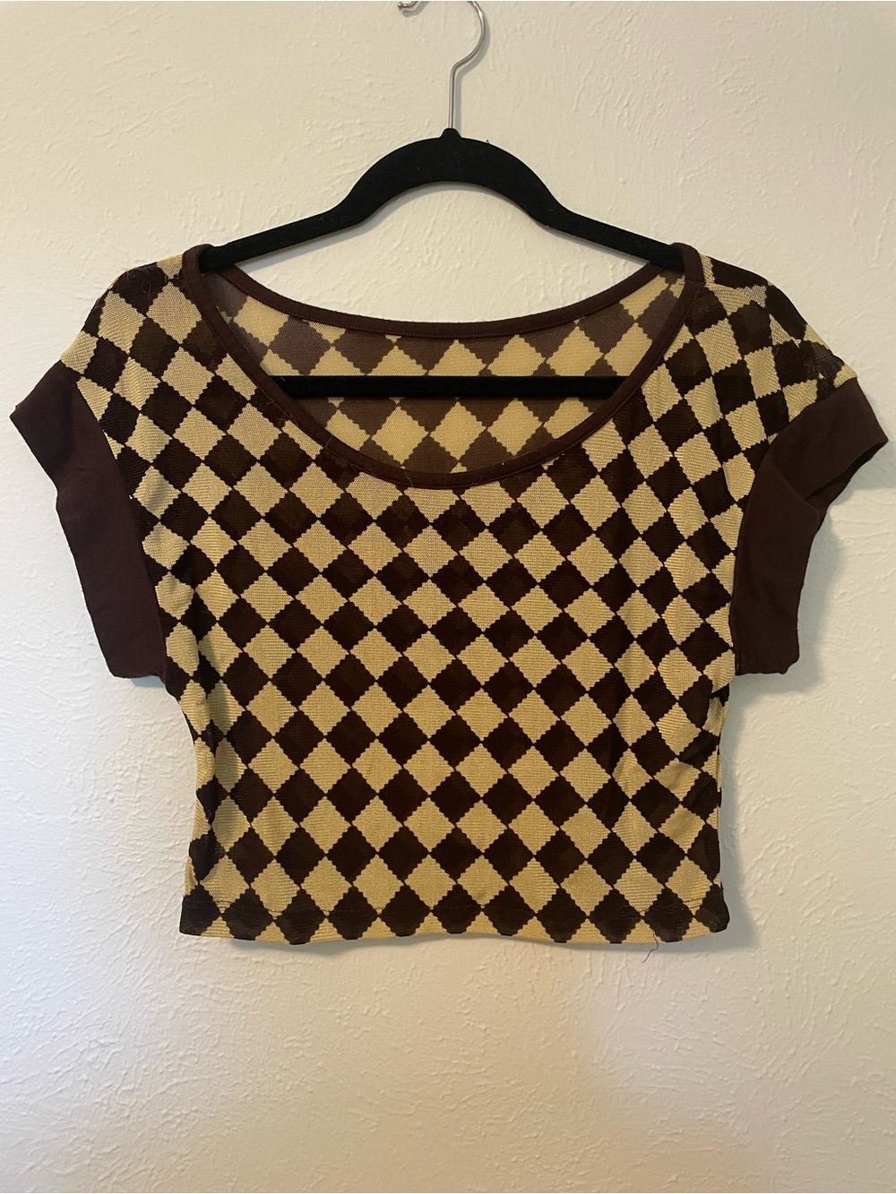 Sheer Checkered Brown & Beige Crop Shirt Size M
